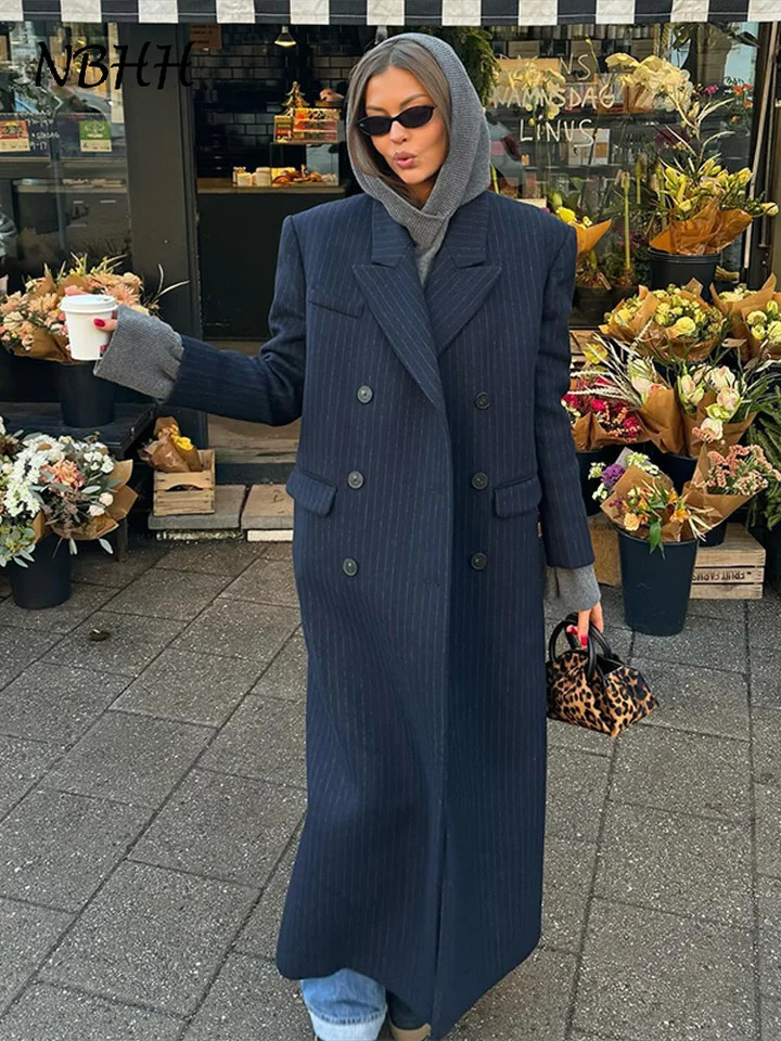 Elegant Striped Long Woolen Coat Women Shoulder Pads Lapel Double Breasted Full Sleeve Overcoat Autumn Winter Warm Outwear 251024