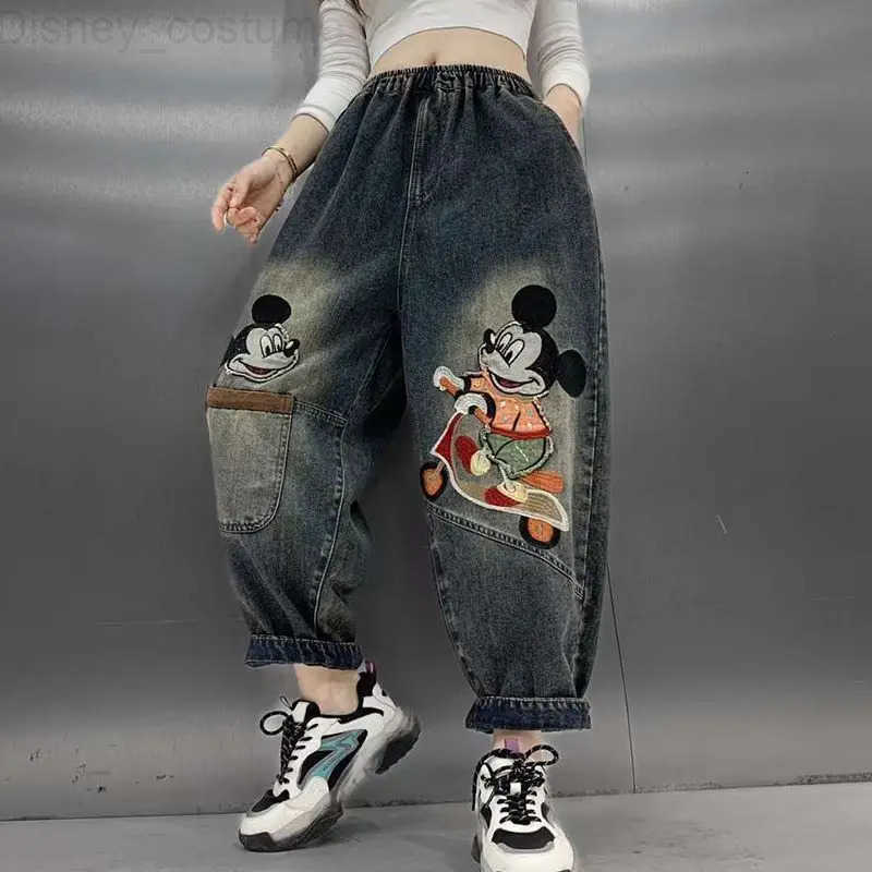 Disney Cartoon Mickey mens and womens new cute creative graphic print personality fashion loose and comfortable retro jeans H251027