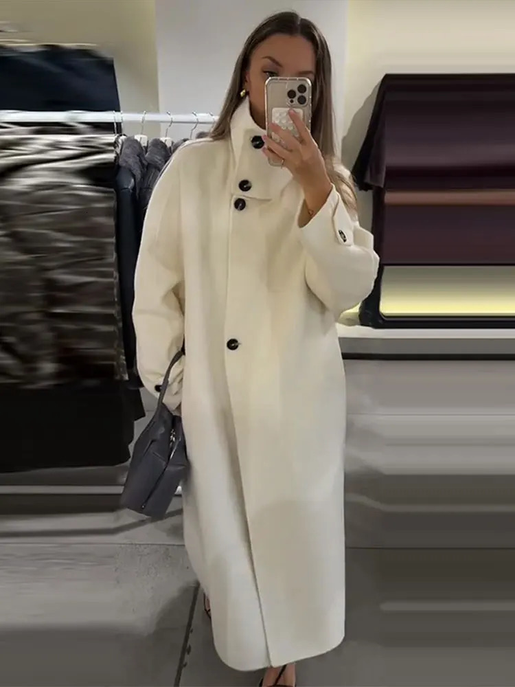 Elegant Womens Overcoat Stand Collar Single Breasted Full Sleeve Solid Female Long Coats Autumn Fashion Chic Lady Outwear 251024