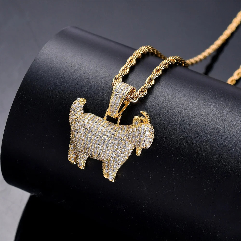 Fashion HipHop Animal Goat Pendant Necklace For Men Cuban Chain Iced Out Bling Micro Paved CZ Necklaces Punk Rock Biker Jewelry 251024