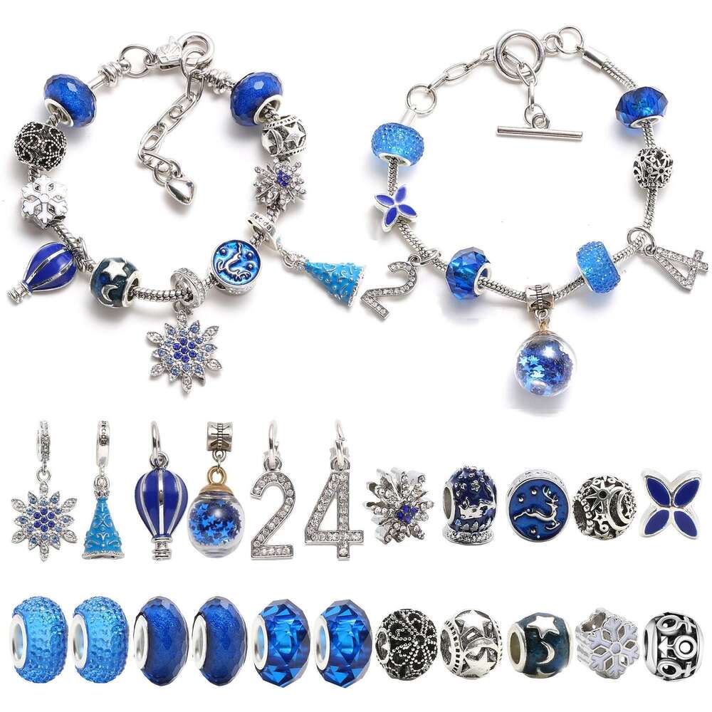 New 24-Day Countdown Reindeer Blind Box Christmas Blue Snowflake DIY Bracelet Set