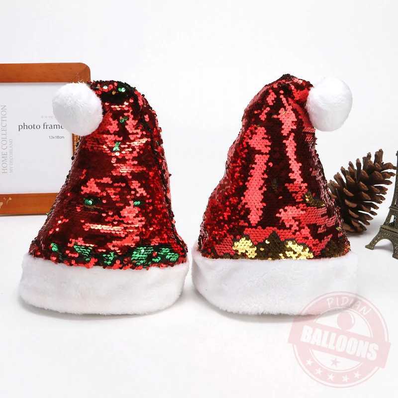 NEW 30cm40cm Flip Sequin Short Plush Christmas Hat Christmas Glitter Sequin Christmas Hat Festival Celebration DecorationW251027