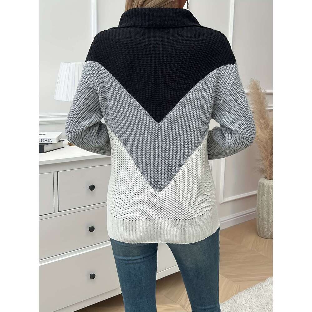 Color Block Quarter Zip Sweater, Casual Long Sleeve Sweater For Fall & Winter, Women's Clothing