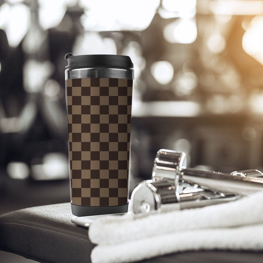 Luxury Stainless steel water cup designer travel mug with luxcury brown checkered pattern on the front