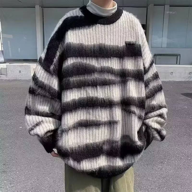 Striped Color-block Sweater For Men Autumn And Winter Designer Sweater Lazy Style High-end Feel Versatile Loose Round Neck Knitwear Couple's Tren