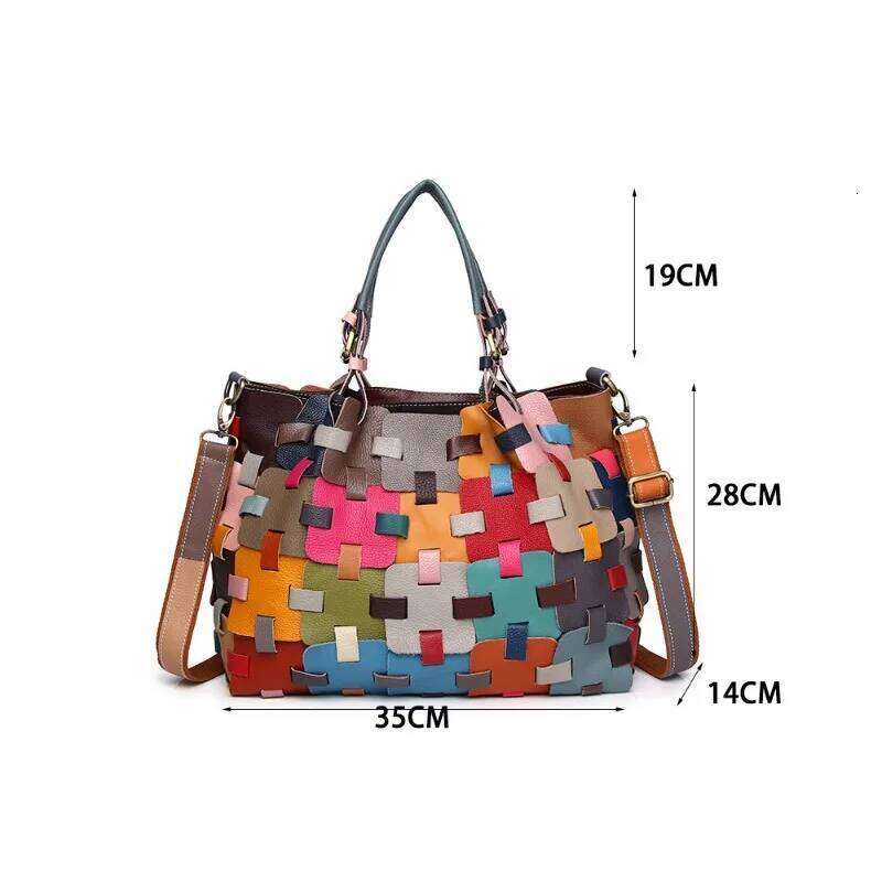 Handbag Cowhide Color Patchwork Lady Handbags Genuine Leather Shoulder Crossbody For Women Beach Shopping Hand Bag