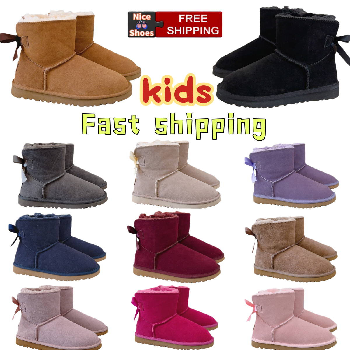 Free delivery of kidsTazz tasman popular thick-soled snow boots, men's and women's outdoor warm boots, pink, beige, black, grey plush w