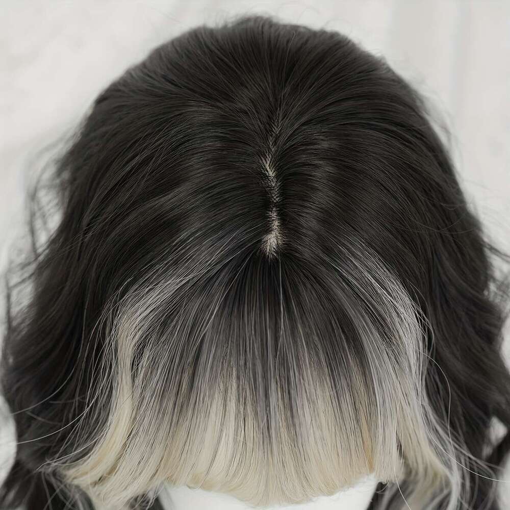 7Jhh WIGS Women's Bob With Bangs - High-Density Loose Wave Gradient Black To Siery White, Heat-Resistant Synthetic Daily Party Use, 14 Inch Rose 