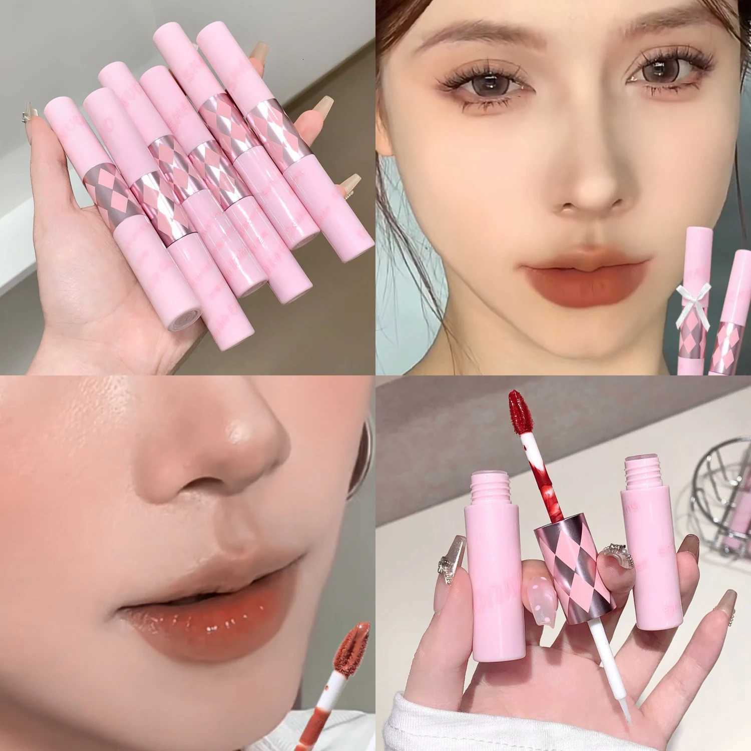 SHAQINUO Sexy Red Matte Lip Glaze Double Head Mirror Lipstick Moisturizing Water Gloss Lip Oil Nonstick Cup Korean Lip Make Up W251027