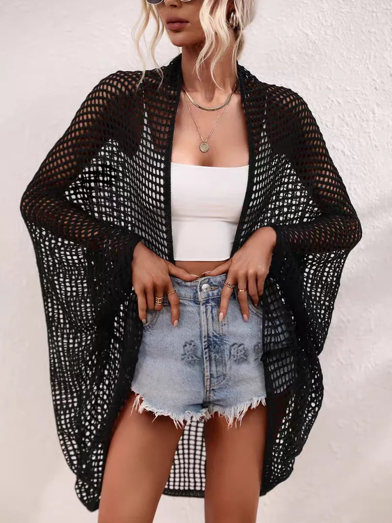 Openwork Open Front Longline Cover Up Crochet Knit Cardigan Sweater for Women Summer Vacation Beach Outfit 251027