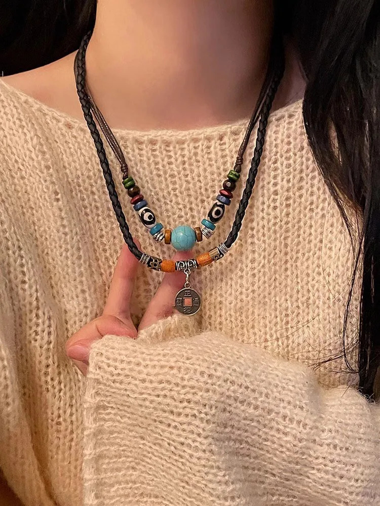 Chinese Ethnic Style Woven Rope Copper Coin Necklace With Female Feeling Crescent Collar Long Beaded Sweater Chain 251023