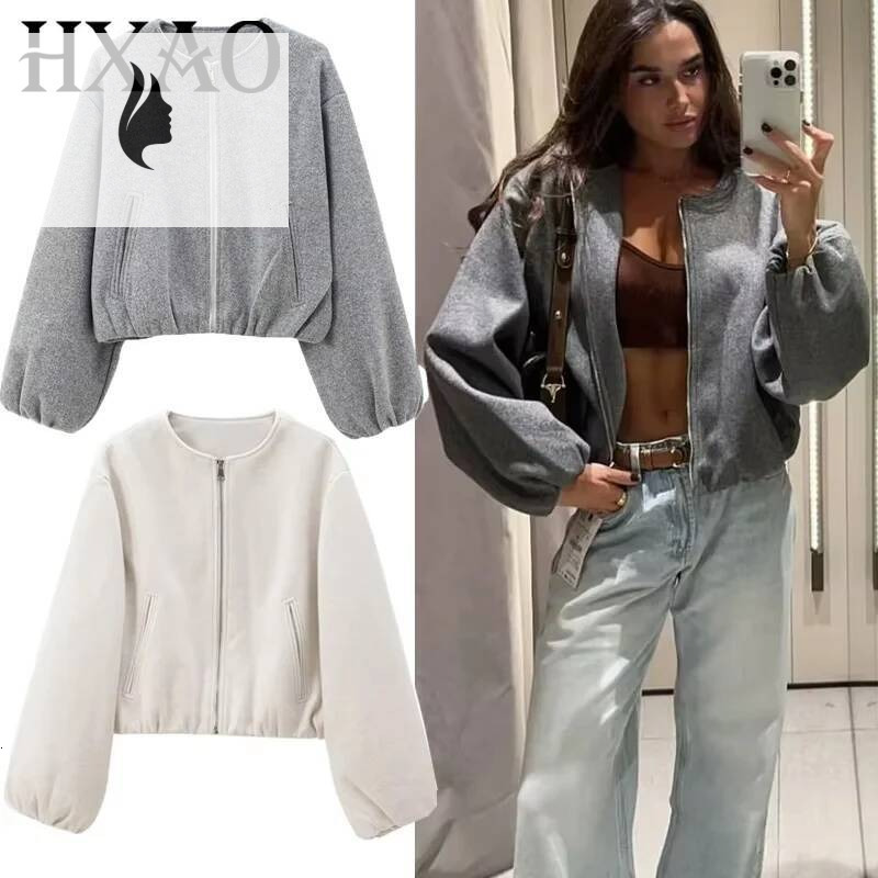 winter jacket women HXAO Outerwears Cropped Bomber Jacket Women Autumn Long Sleeve Faux Wool For Woman Winter Zip Up Gray Beige Short Coats