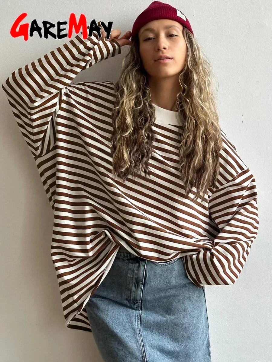 Womens Striped Tshirt 95 Cotton Oversized Black and White Casual Basic Long Sleeve Top Vintage Casual Tshirts for Women 251027