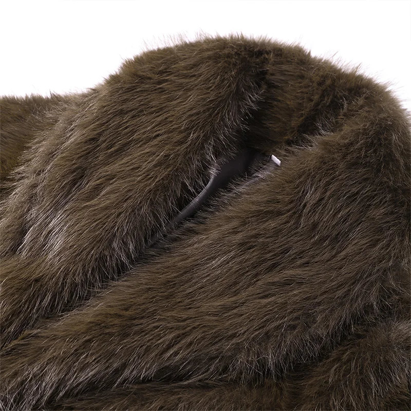 With Belt Fur Coat Fluffy Large Heart Shaped Waist Cinching Deep V Mid Length Overcoat Warm Plush Women Trend Outwear Winter Top 251027