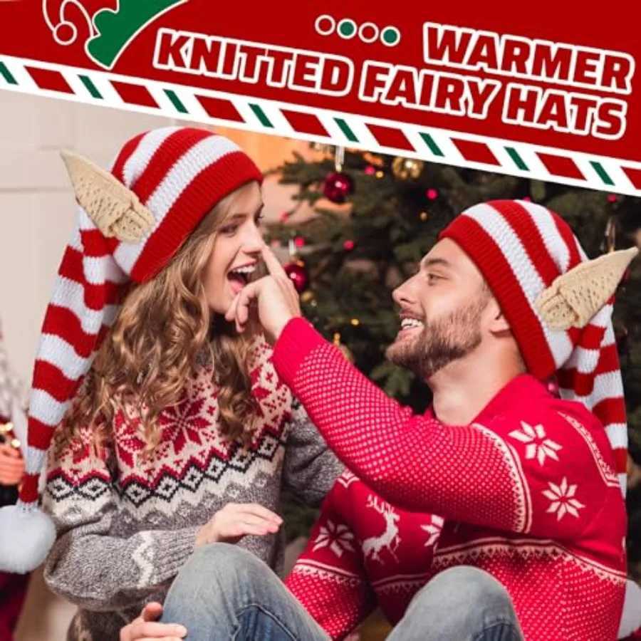 Christmas Knitted Elf Hats with Ears for Adults Women Men Red and White Elf Beanie Crochet Long Santa Hats Beanie Elf Costume AW251027