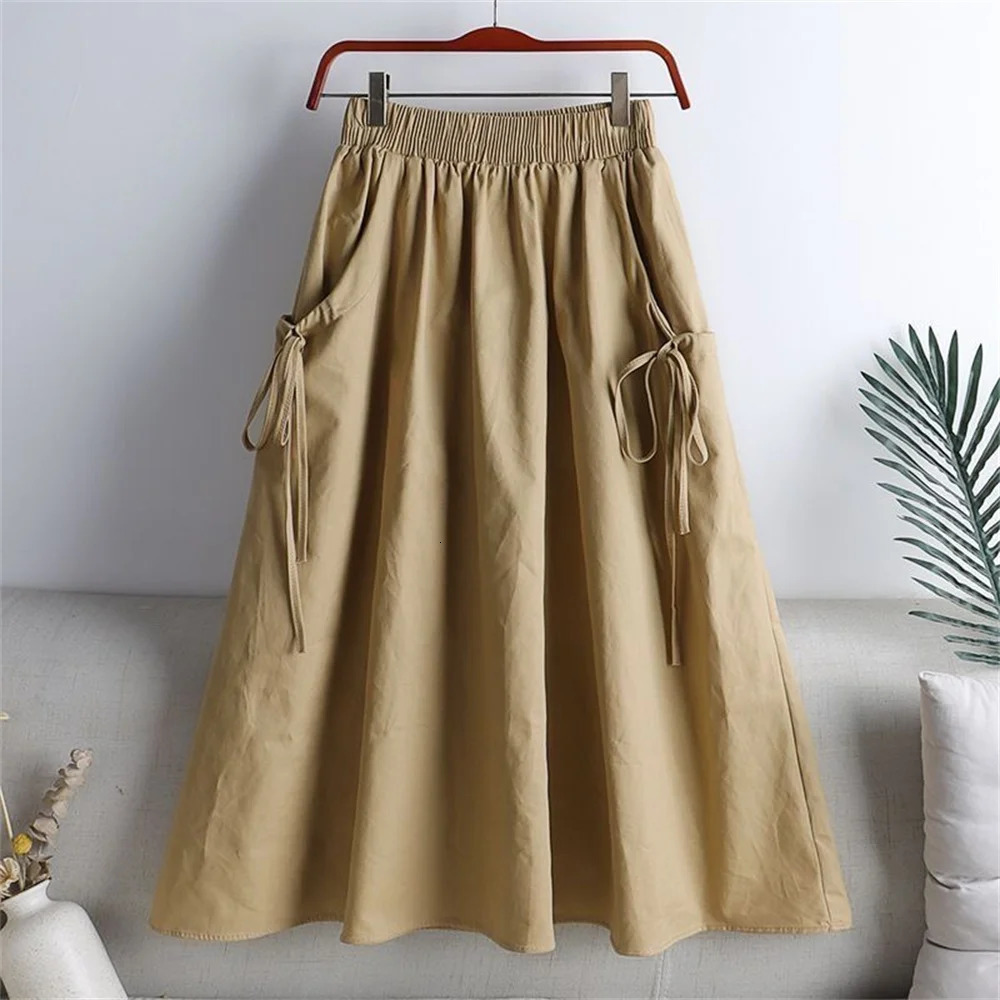 Spring Summer Elegant Womens Skirt Elastic High Waist All Match Fashion Long Skirts Women Vintage Pockets Lady 251027