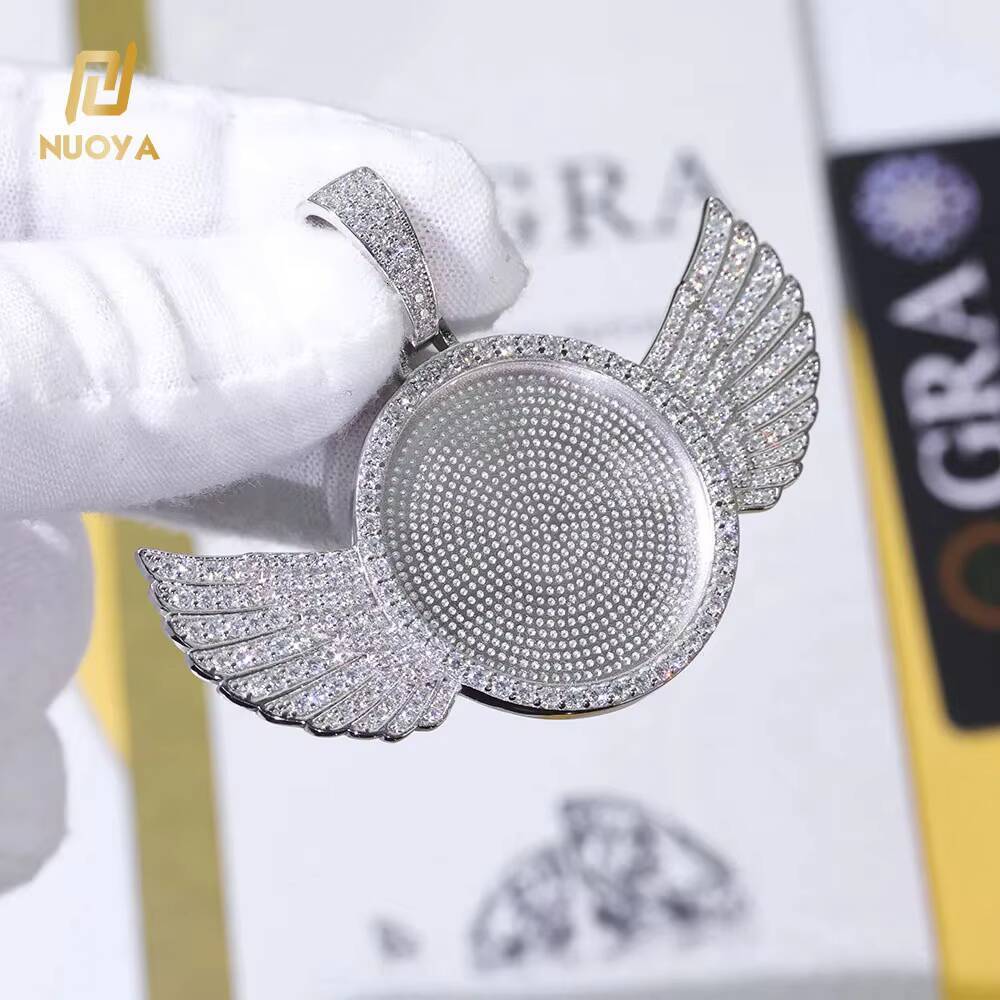 NUOYA Iced Out Angel Wings Memory Locket Pendant 925 Silver Moissanite Custom Photo Charm Pendant Trendy Jewelry for Women