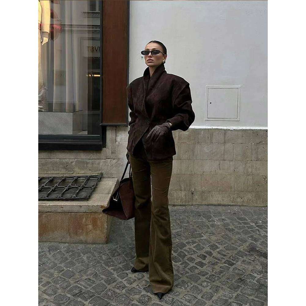 Solid Waist Cinching Blazer Women Shoulder Pads Lapel Single Breasted Long Sleeves Jackets Chic Elegant Casual Street Outerwear