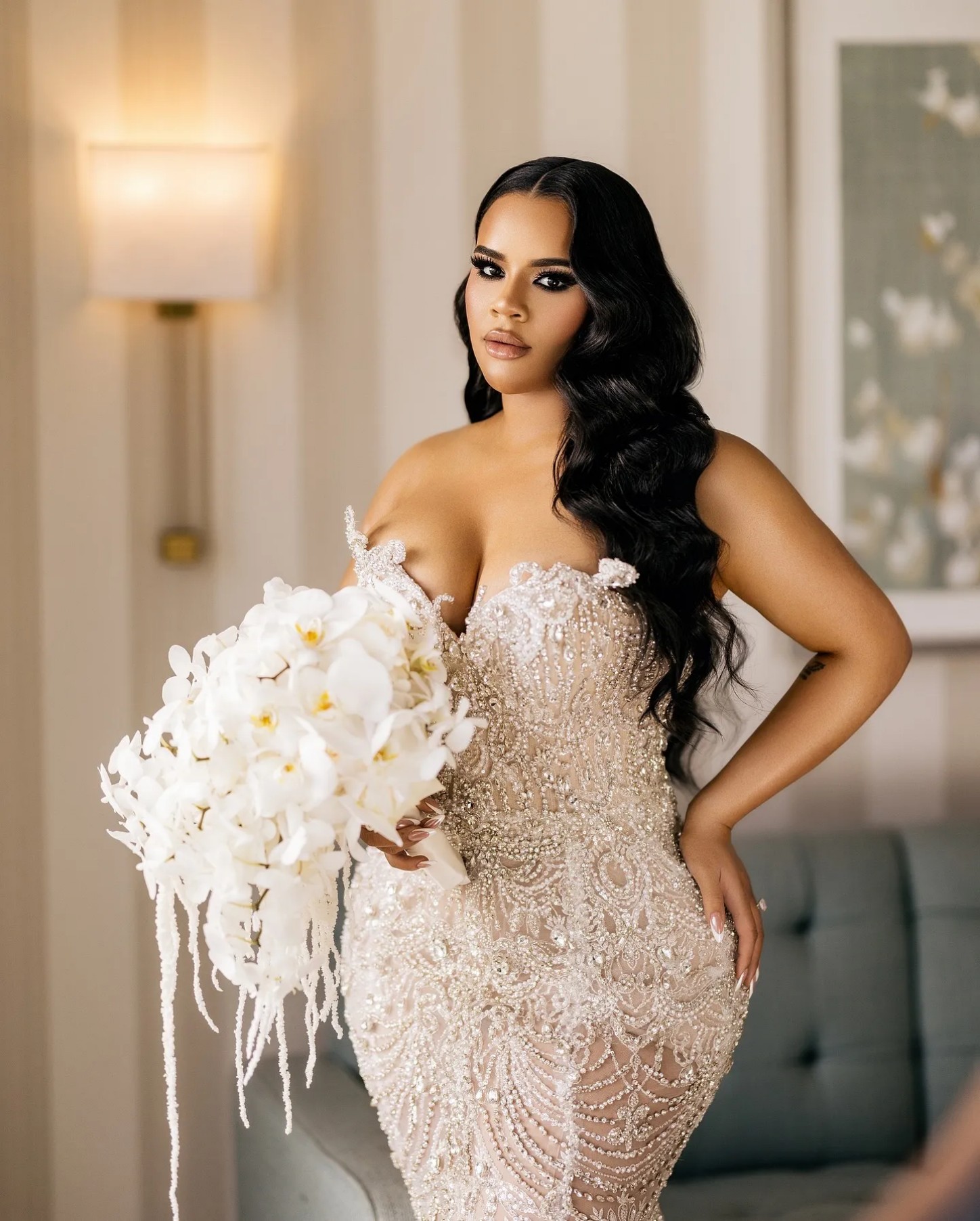 Plus Size Mermaid Wedding Dresses in Aso Ebi Arabic Style Ivory with Beaded Crystals and Detachable Train