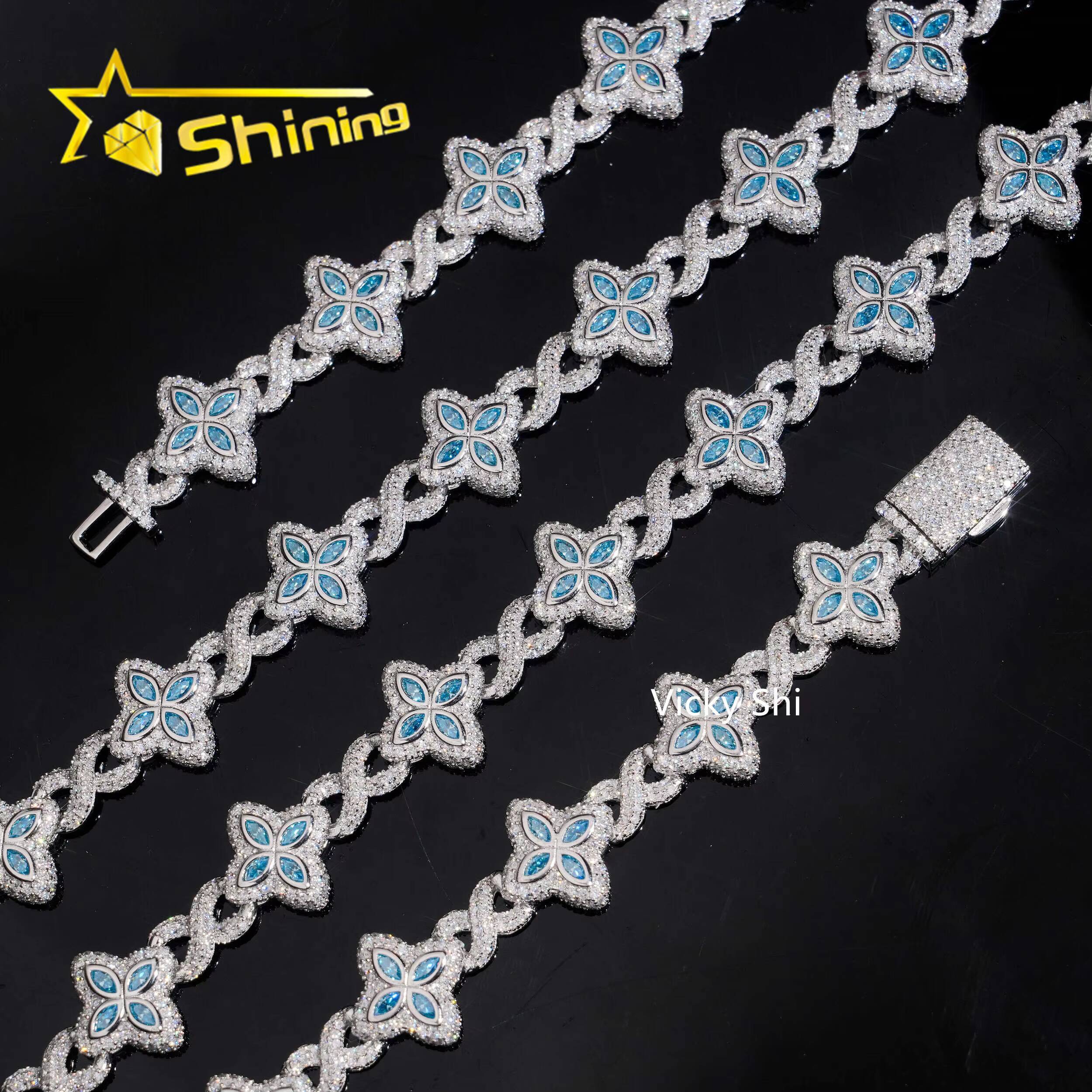 Popular Blue Color Clover Cuban Chain Moissanite Fine Jewelry Custom Iced Out 925 Silver Men Cuban Link Moissanite Necklace