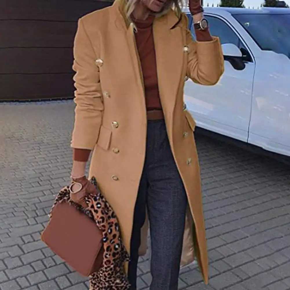 Women Wool Blends Coat Slim Fit Solid Color Doublebreasted Warm Woolen Coat Autumn Winter TurnDown Collar Women Overcoat M251027