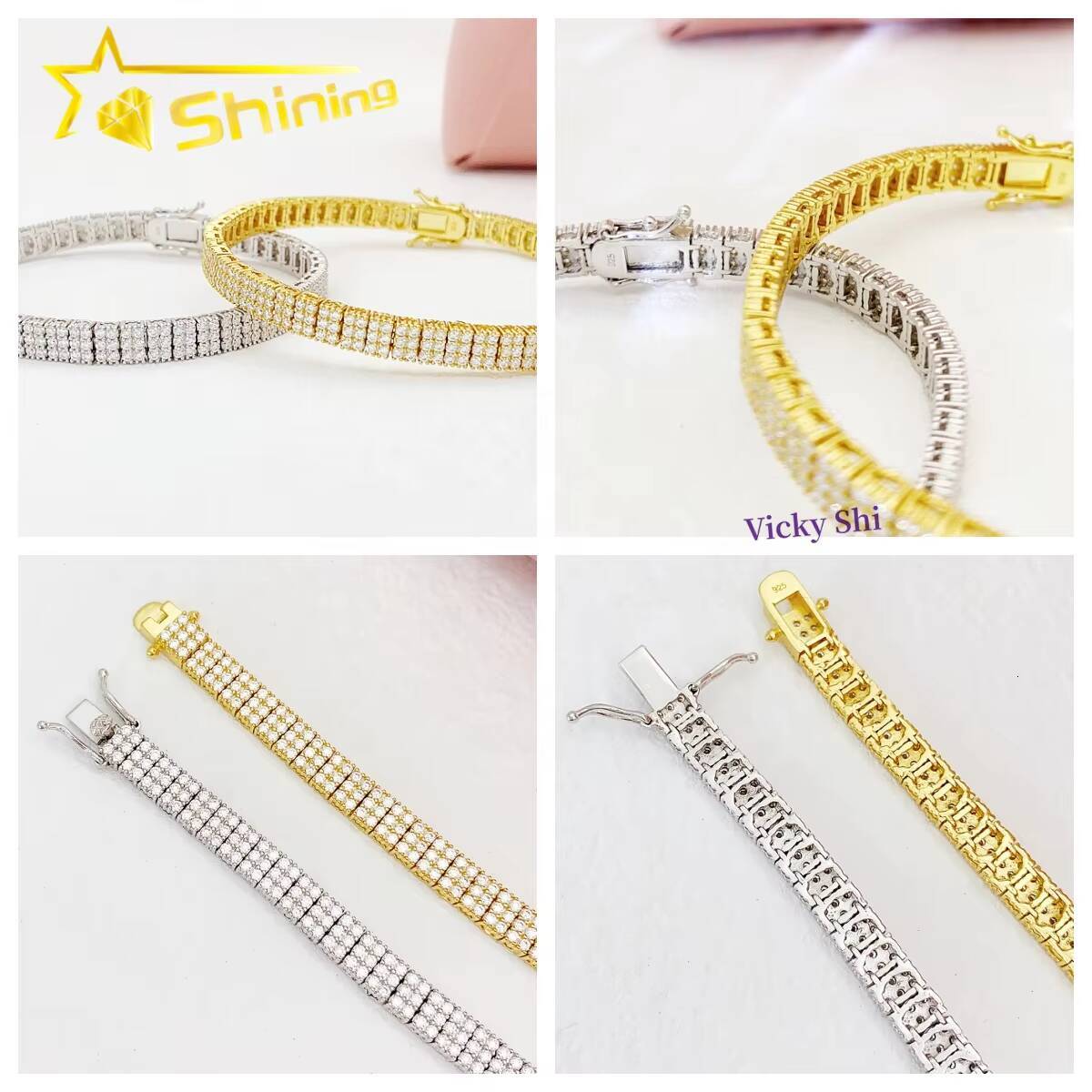 Fine Jewelry Moissanite Bracelet Pass Diamond Tester 925 Silver Iced Out 3 Rows Moissanite Diamond Tennis Bracelet