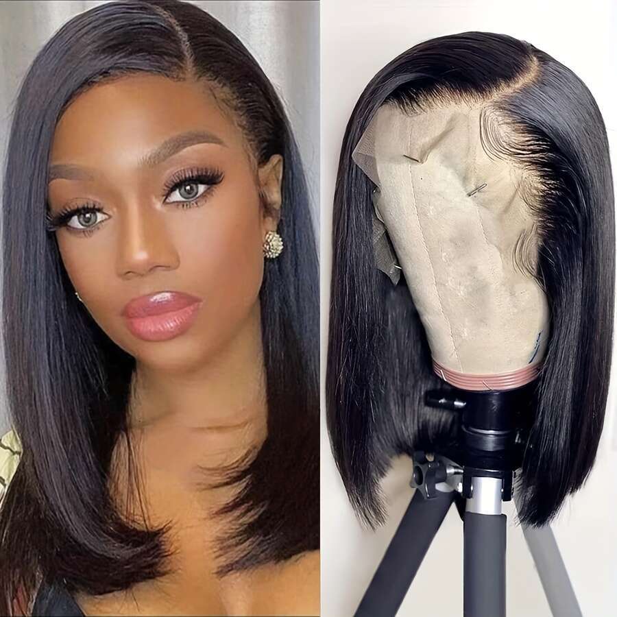 Brazilian Short Bob Wig For Women, 13X4 Lace Frontal, 200% Density, Vacation Style Straight Wig, Natural Black, Heat Resistant, Comfortable Fit, Human