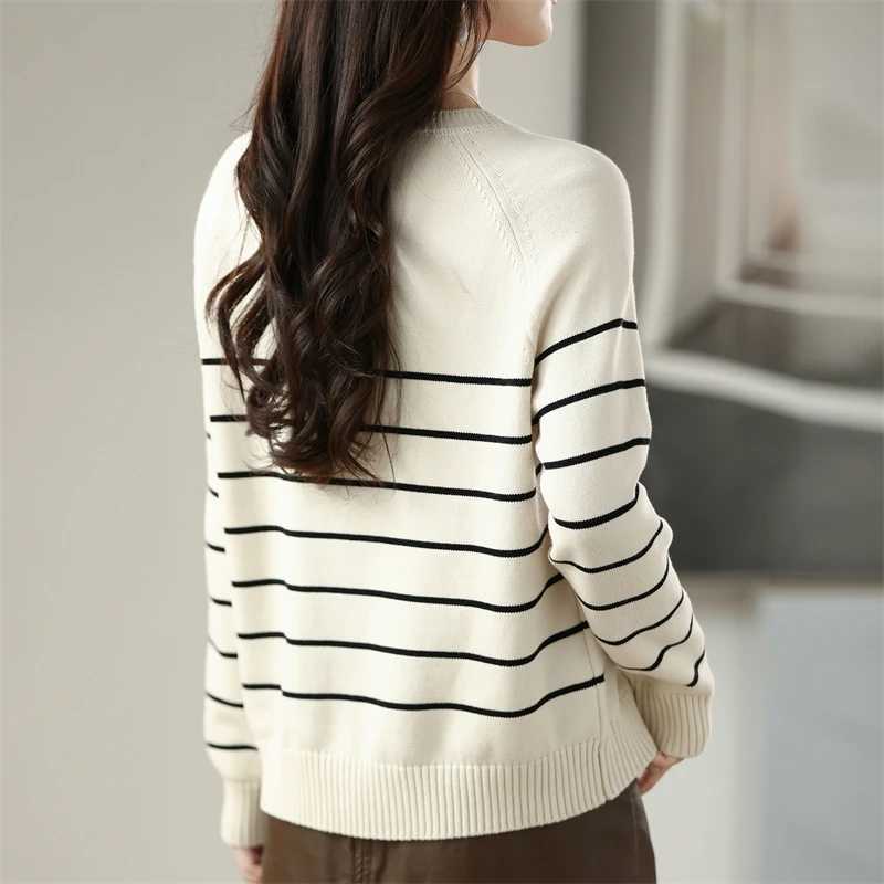 Womens LongSleeve Pullover Striped Sweater Pure Cotton Autumn Winter Warm Comfortable Casual KnitwearGH553T251027