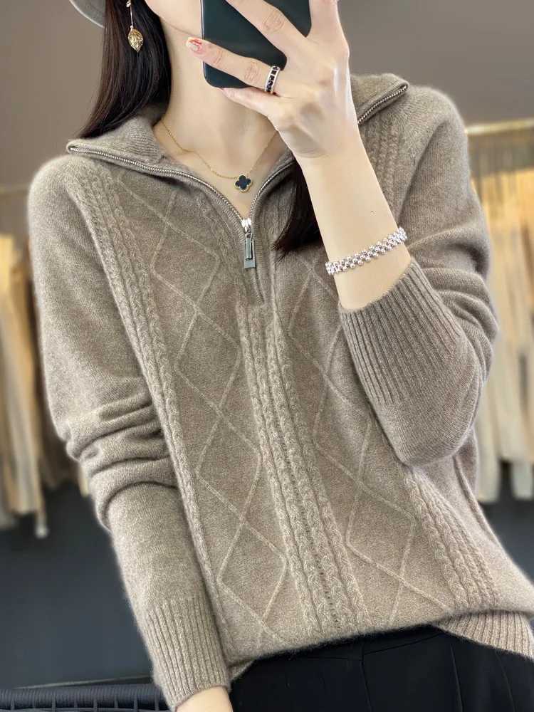 Women 100 Merino Wool Sweater Turtleneck Twisted Zipper Half Open Neck Pullover Autumn Winter Thickened Casual Knit Loose TopsT251027