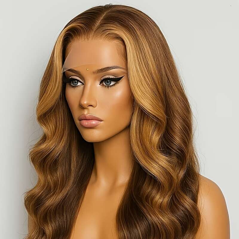 Glueless Human Hair Wig With 7X5 Front - Ombre Highlight #Fb30 Balayage Blonde/Brown Pre-Bleached Invisible Knots, 250% Density Body Wave Brown To Blo