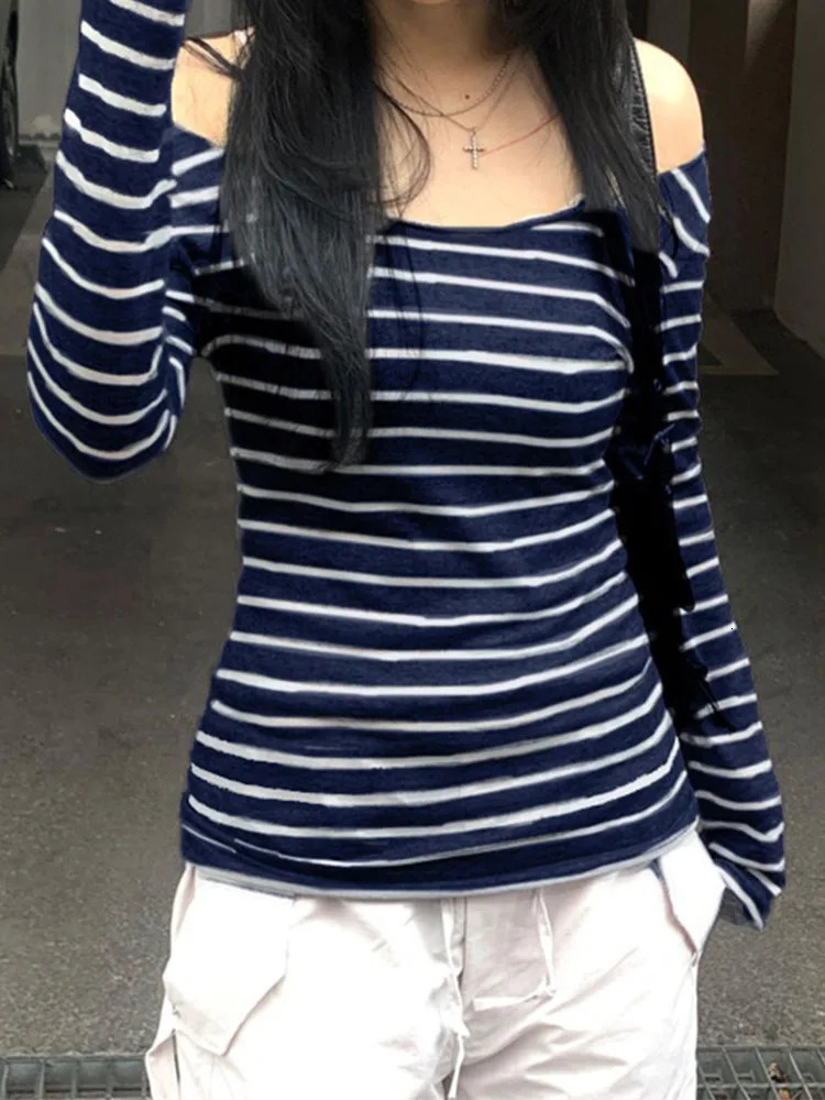 Japanese Basic Slim Long Sleeve Stripe Tee Off Shoulder O Neck Korean Street Style Spring Autumn Y2K Gray T Shirt Women 251027