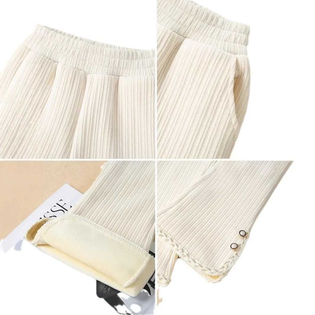 2025 Winter Girls Chenille Flared Pants Thick Fleece Lined Bell Bottoms with Lace Trim Warm Cute Casual TrousersT251027