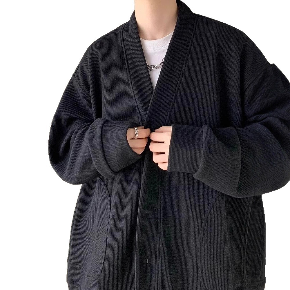 V-neck Waffle Jacket Lazy Style Spring And Autumn Handsome Men's Suit High-end Casual Designer Sweater Jacket For Men