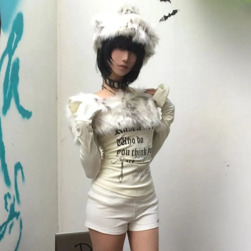 Karrram Japanese Y2k Fur Collar Tops 2000s Aesthetics Off Shoulder Knit Tops Vintage Harajuku Letter Print Long Sleeve Tshirt 251027