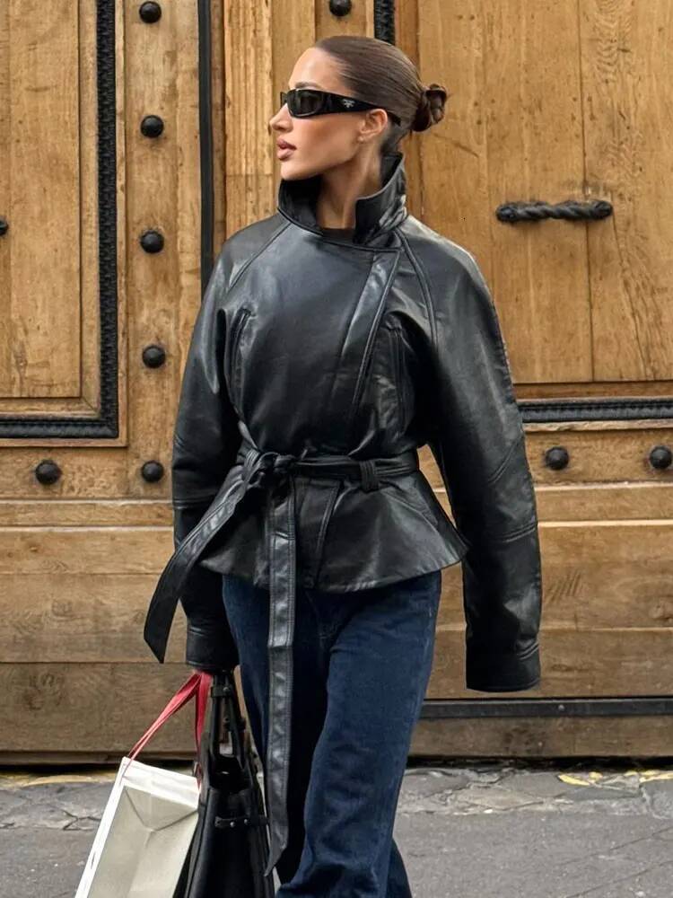 winter jacket women HH Female Street Fashion Faux Leather Trench Coats Lapel Zipper Belted Solid Long Sleeves Autumn Motorcycle Vintage Jacket