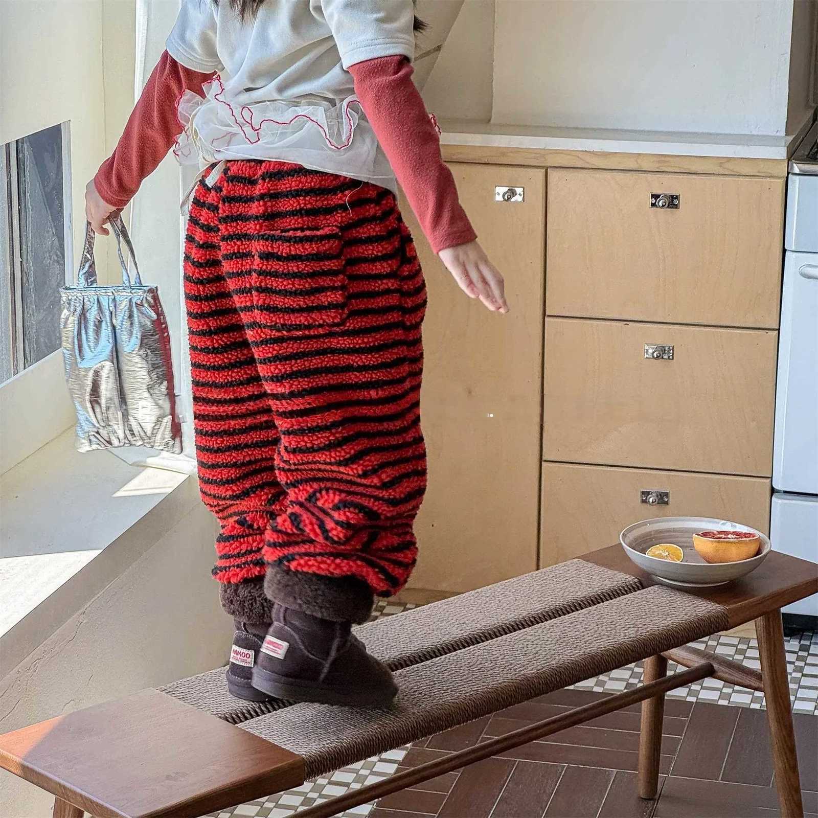 2025 Kids Girl Clothes Lambswool Cotton Padded Striped Pants 16Y Boys Winter New Warm Trousers Children Loose Bottoms OutfitT251027