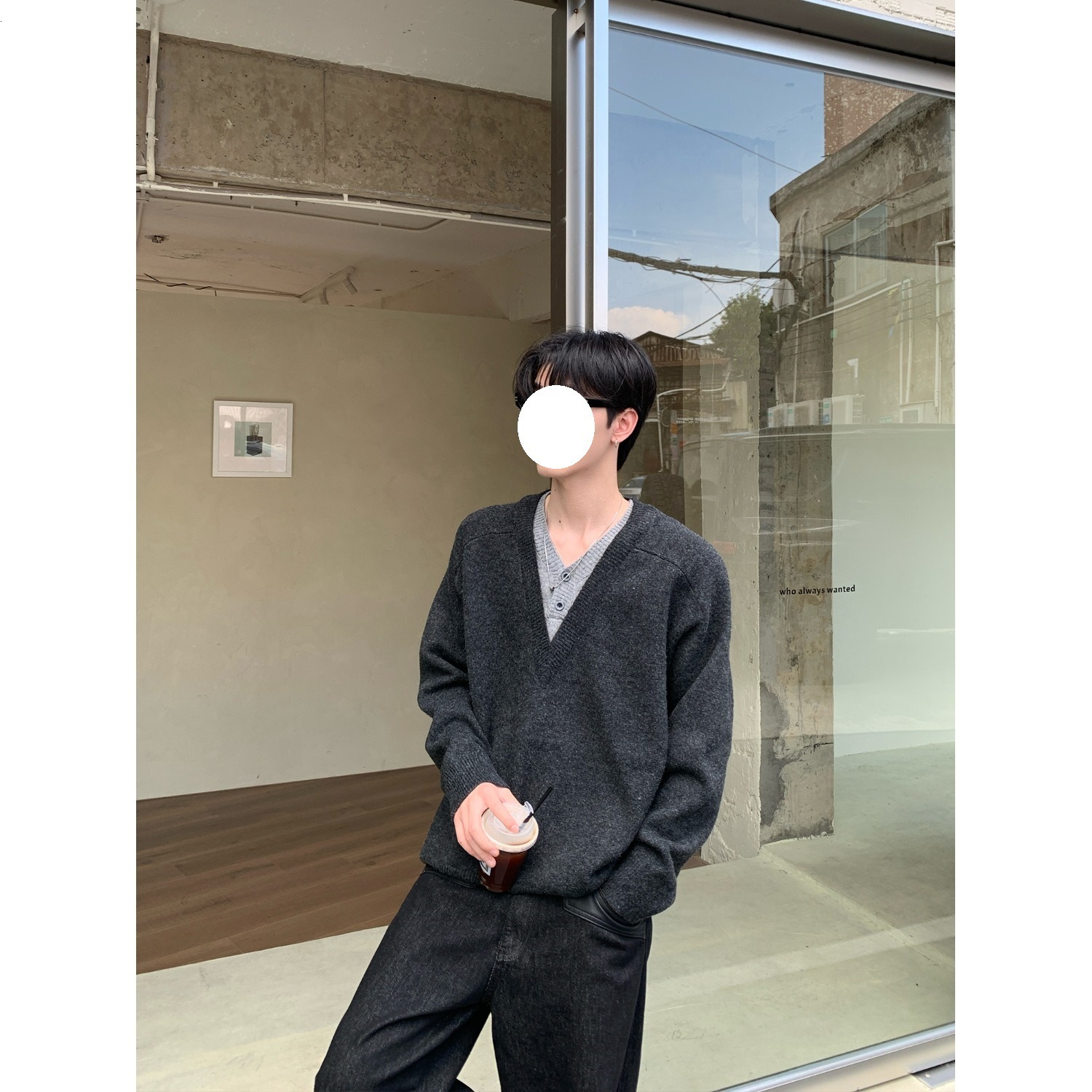 Dark Gray V-neck Fake Two-piece Knitted Designer Sweater Sweater Jacket For Men Autumn Korean Style College Style Lazy Base Sweater