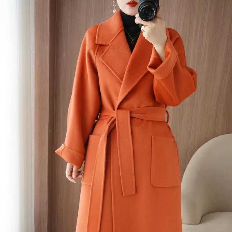 Womens Wear 100 Wool Coat AutumnWinter Fashion Temperament Double sided Cashmere Coats with Belt Elegant Long Overcoat M251027