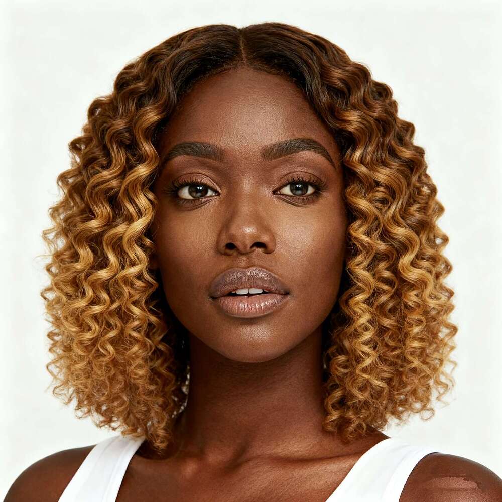 Brazilian Human Hair Short With 13X4 Front - Brown To Blonde Ombre Curly Wigs Women &, 200% Density Water Wave Bob Cut, Full Lace Frontal Wig For Sens