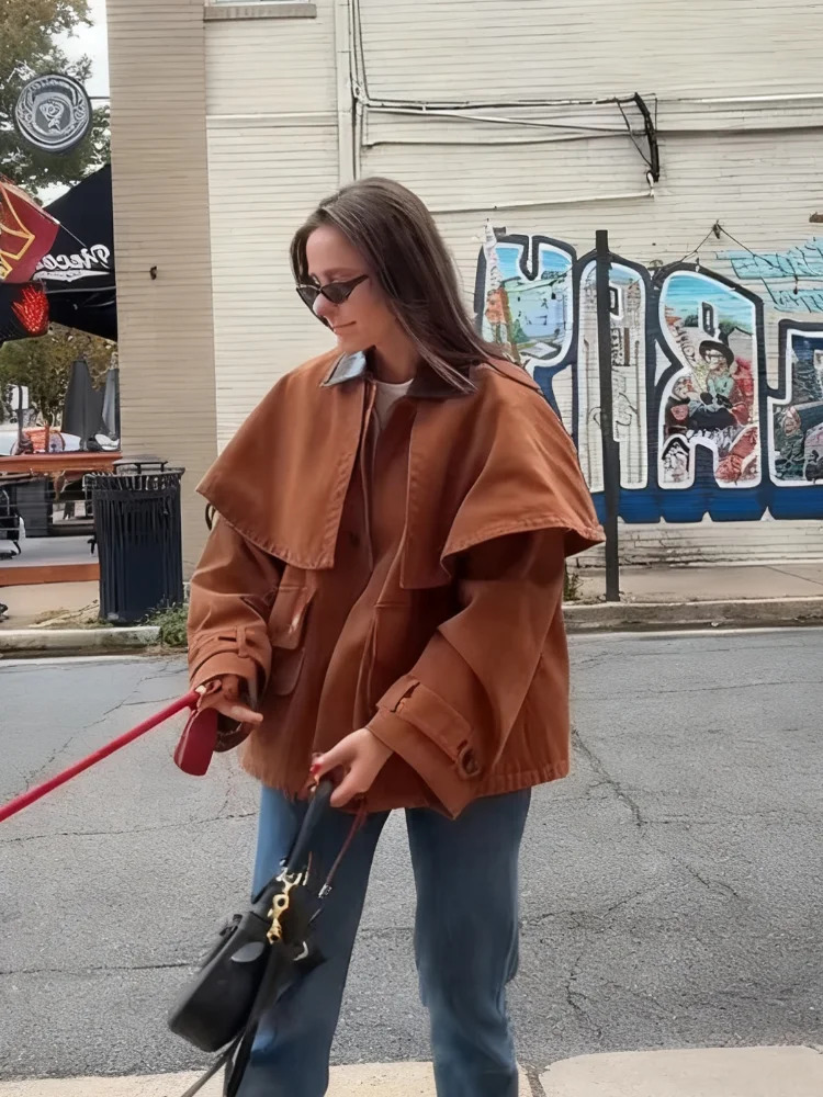 Cape Layered Button Front Women Jacket Lapel Pocketed Drop Shoulder Autumn Causal Coat Elegant Chic Office Lady Outerwear 251027