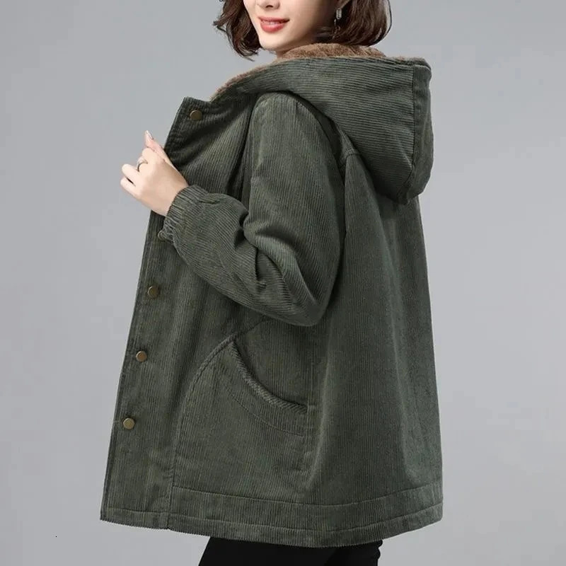 Women Corduroy Jackets Autumn Winter Solid Loose Coat Female Casual MiddleAged Plus Velvet Warm Hooded Ladies Overcoat 251027