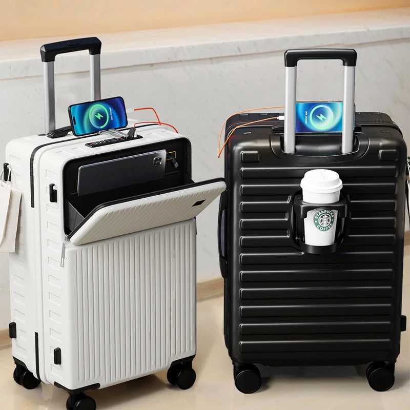 2025 New FrontOpening Suitcase 20 inch Cabin Luggage 28 inch Large Capacity Suitcase Travel Luggage Cup HolderW251027