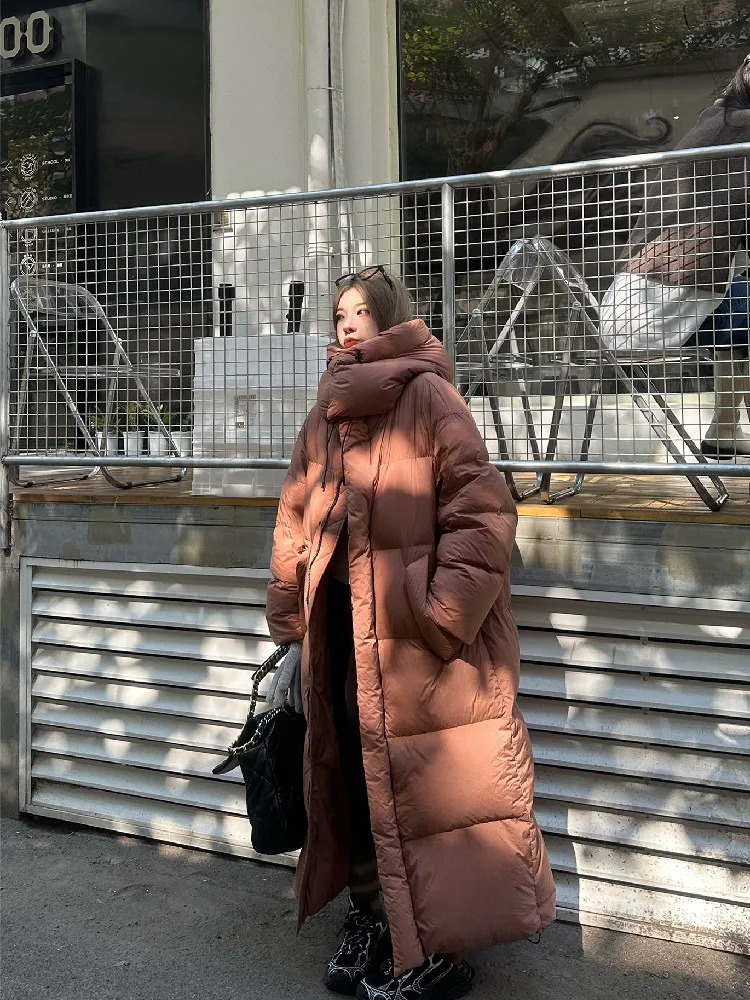 Winter Women Casual Long Sleeve Outerwear Solid Color Hooded Maxi XLong Parkas Jacket Oversized Single Breasted Warm Coat 251027