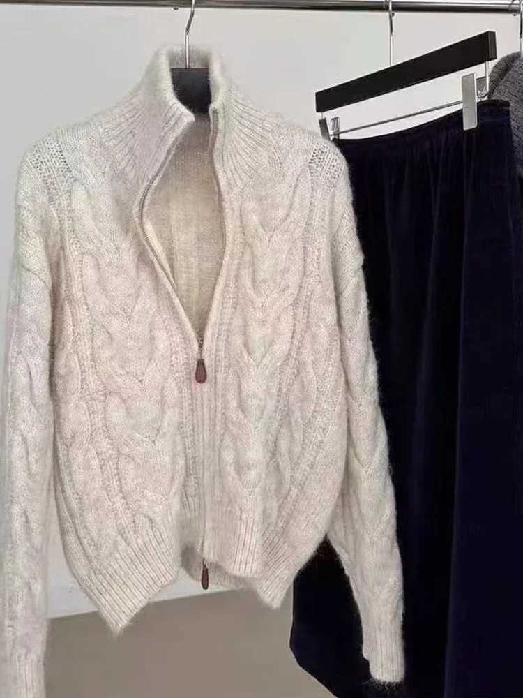 Autumn Women Turtleneck Loose Retro Knitted Jackets Winter Twist Double Zipper Cardigan Sweater New Casual Solid Office ClothingT251125