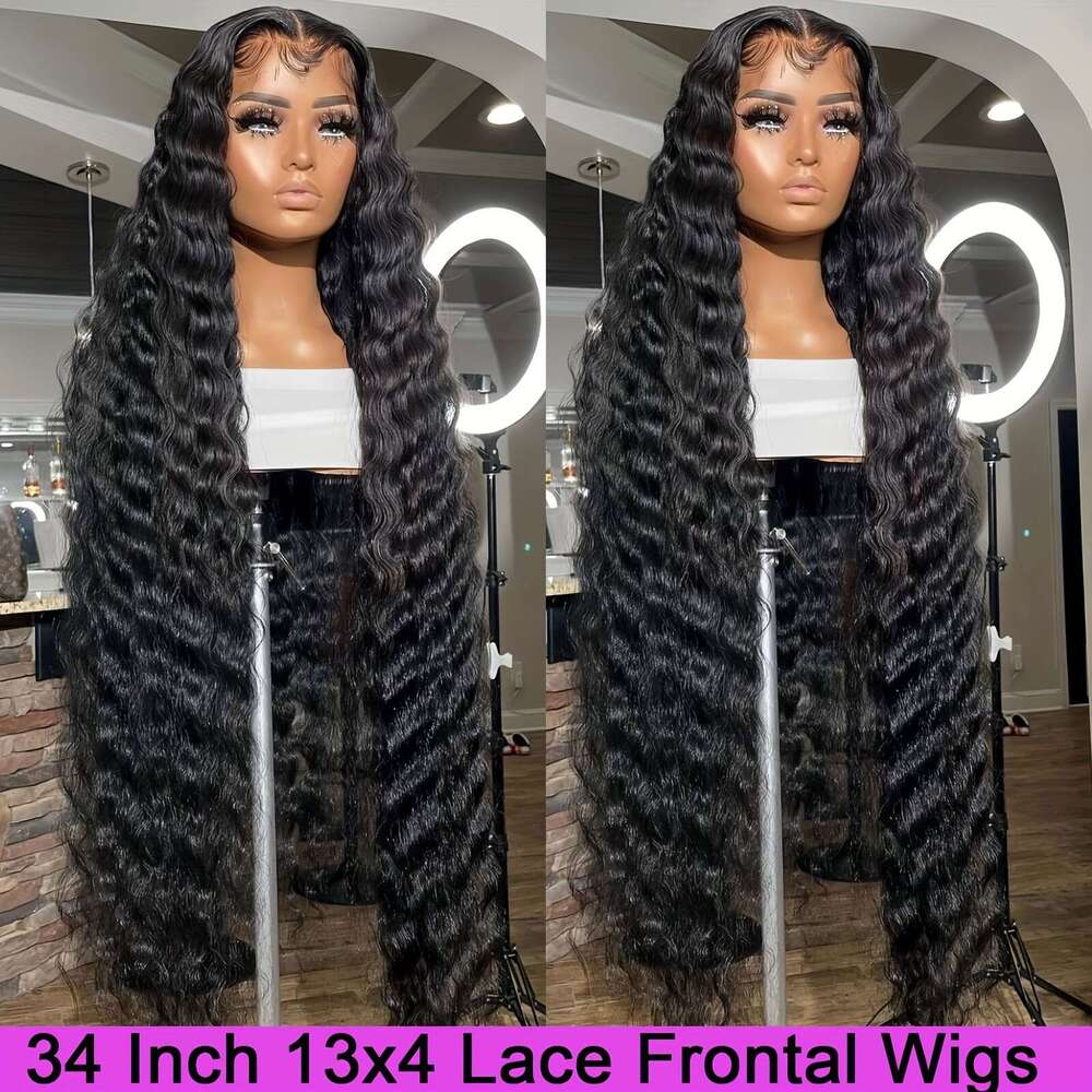 200% Density Frontal Long Deep Wig Synthetic Heat Resistant Fiber Hair Premium Curly Natural Black 13*4 Hairpiece For Women With HD Transparent Lace W