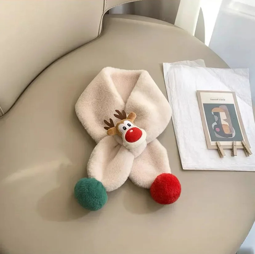 Warm Plush Scarf with Cartoon Deer and Fluffy Fur Balls Unisex Soft Neck Wrap for Autumn Winter Daily Wear and Festive Gift 251027