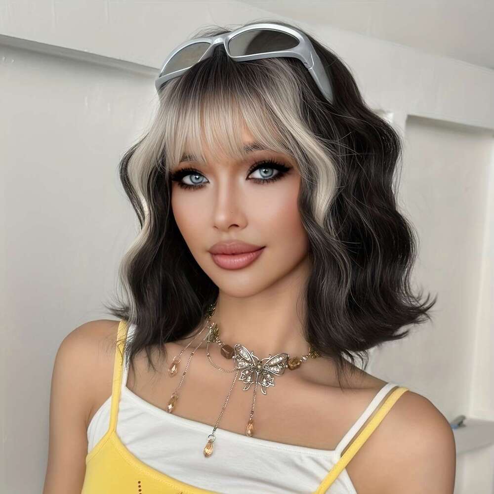 7Jhh WIGS Women's Bob With Bangs - High-Density Loose Wave Gradient Black To Siery White, Heat-Resistant Synthetic Daily Party Use, 14 Inch Rose 