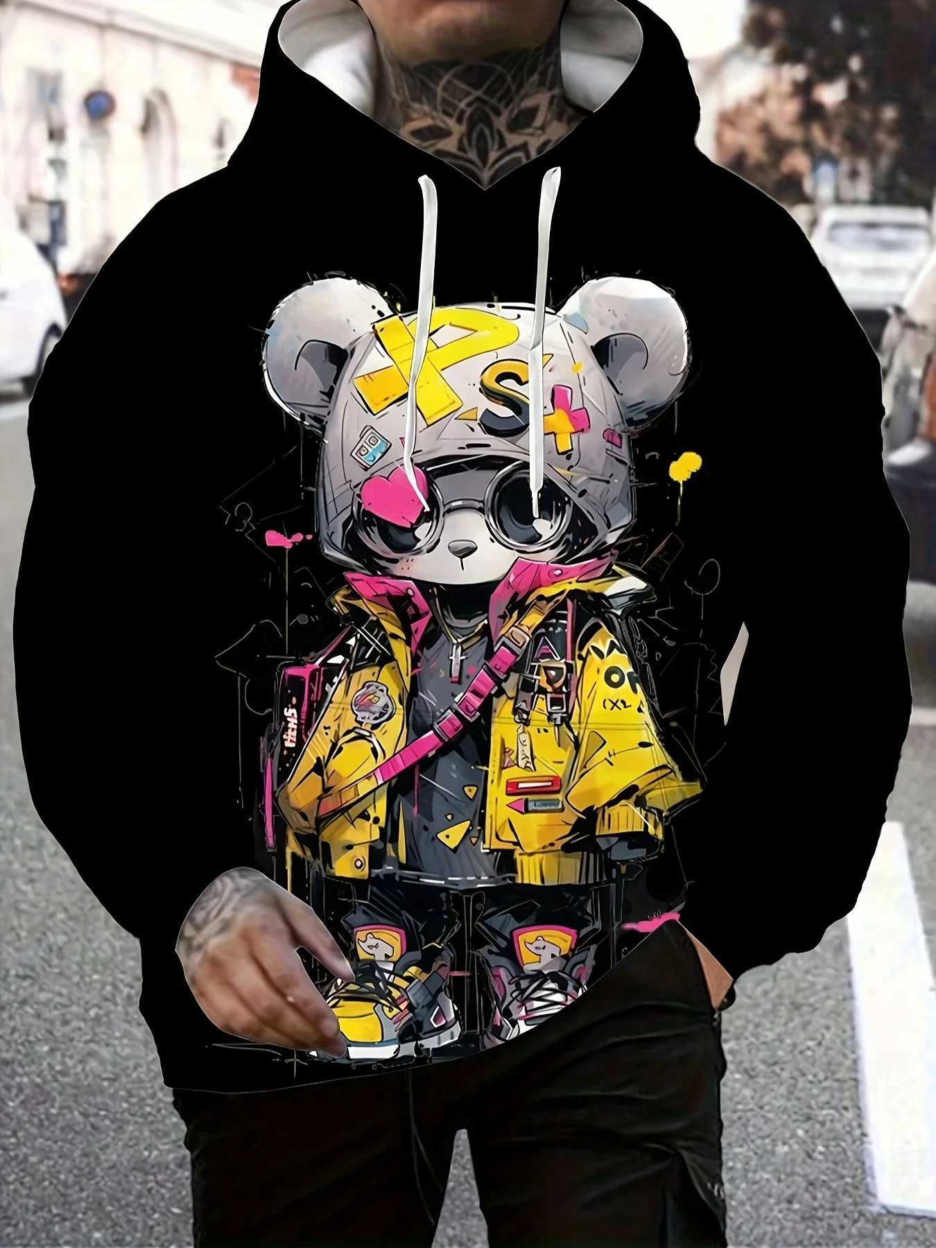 2025 New Mens Autumn Fashion Cartoon Bear Printed Soft and Comfortable Hoodie Suitable for Outdoor Street Wear W251027