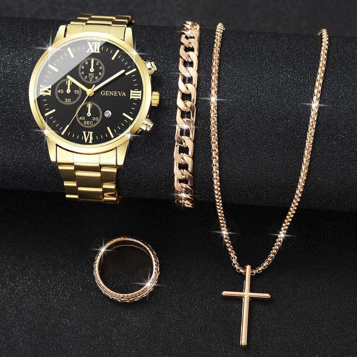 4PCSSet Luxury Men Business Watches Fashion Roma Dial Calendar Quartz Watch Jewelry Set Reloj HombreWithout BoxT251027