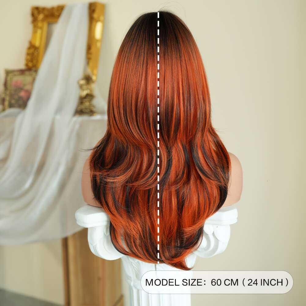 7Jhh WIGS Long Straight Ombre Orange With Dark Roots - 150% Density Heat Resistant Synthetic Hair, 24" Layered Cosplay Women, Rose Net Cap For Ha